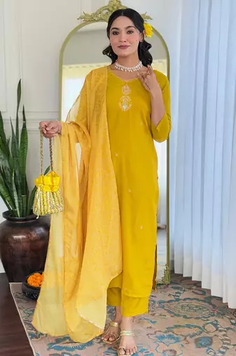 Yellow color smart and festive readymade rayon fabic kurta set