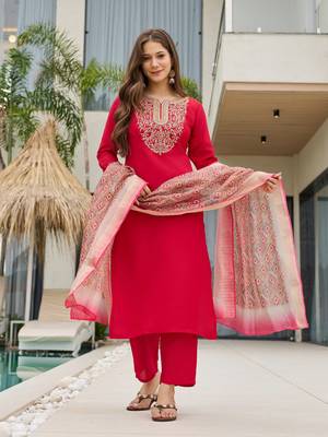 Red color smart and festive readymade rayon slub fabic kurta set 1