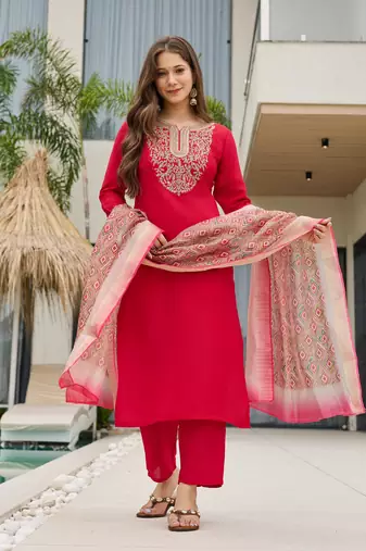 Red color smart and festive readymade rayon slub fabic kurta set