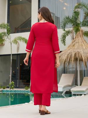 Red color smart and festive readymade rayon slub fabic kurta set 2