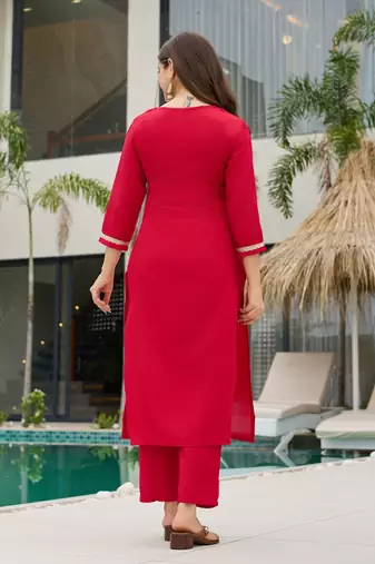 Red color smart and festive readymade rayon slub fabic kurta set