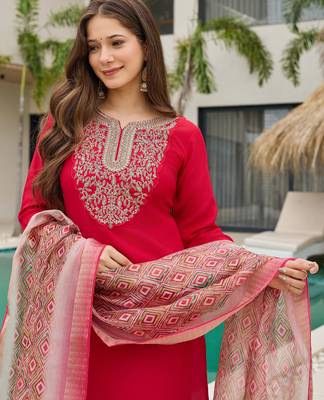 Red color smart and festive readymade rayon slub fabic kurta set 3