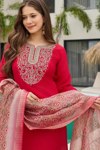 Red color smart and festive readymade rayon slub fabic kurta set