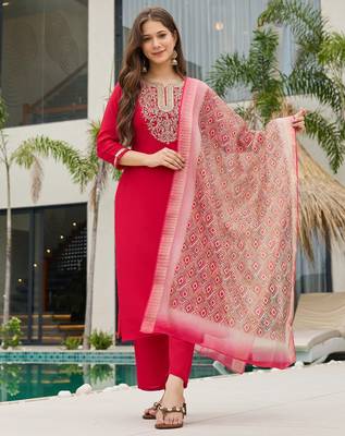 Red color smart and festive readymade rayon slub fabic kurta set 4