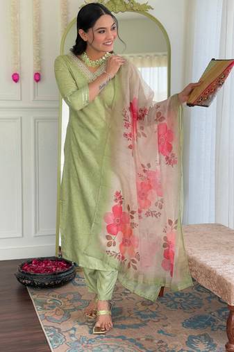 Pista color smart and festive readymade rayon fabic kurta set