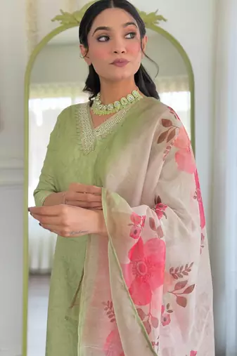 Pista color smart and festive readymade rayon fabic kurta set