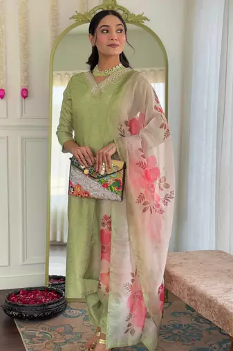 Pista color smart and festive readymade rayon fabic kurta set