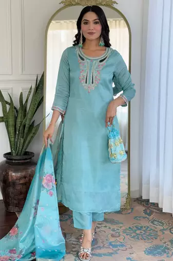 Sky blue color smart and festive readymade viscose fabic kurta set