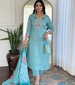 Sky blue color smart and festive readymade viscose fabic kurta set