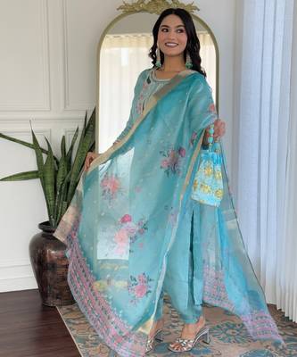 Sky blue color smart and festive readymade viscosee fabic kurta set 3