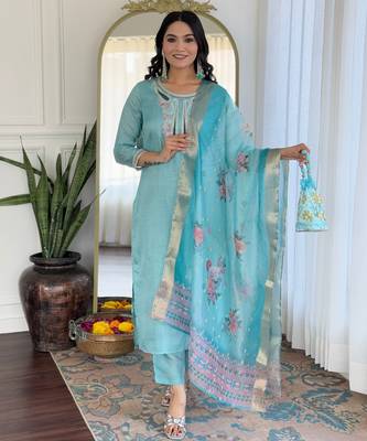 Sky blue color smart and festive readymade viscosee fabic kurta set 4