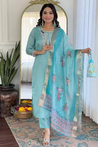 Sky blue color smart and festive readymade viscosee fabic kurta set
