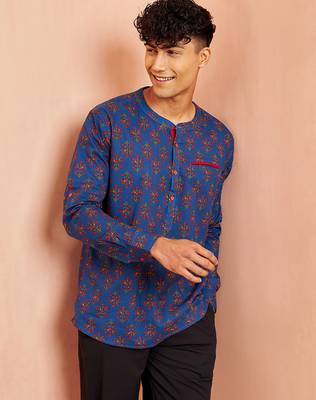 men royal blue cotton kurta - floral print summer casual wear traditional ethnic shirt 1