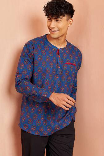Vastramay men royal blue cotton kurta - floral print summer casual wear traditional ethnic shirt
