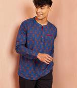 men royal blue cotton kurta - floral print summer casual wear traditional ethnic shirt