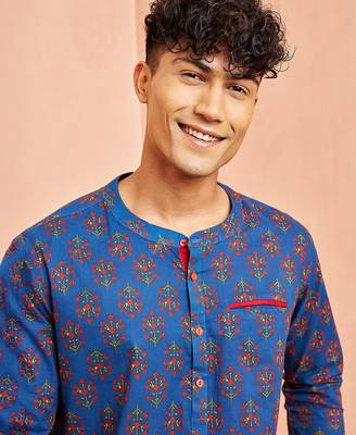 men royal blue cotton kurta - floral print summer casual wear traditional ethnic shirt 2