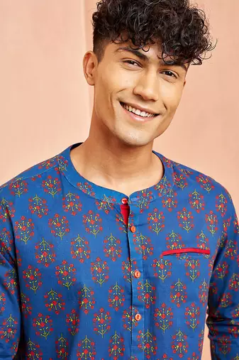 men royal blue cotton kurta - floral print summer casual wear traditional ethnic shirt