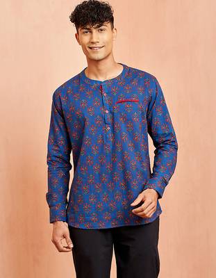 men royal blue cotton kurta - floral print summer casual wear traditional ethnic shirt 3