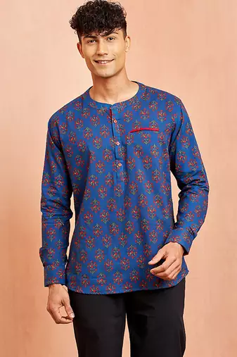 men royal blue cotton kurta - floral print summer casual wear traditional ethnic shirt