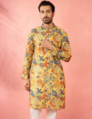 mustard cotton linen long kurta - festive ethnic wear with hand embroidery for diwali navratri wedding 1