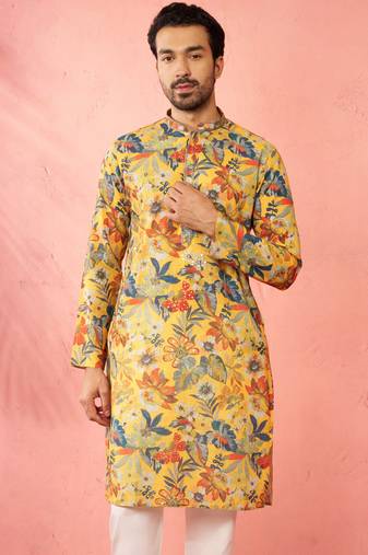 Vastramay men's mustard cotton linen long kurta - festive ethnic wear with hand embroidery for diwali navratri wedding