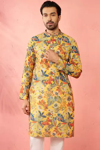 Vastramay men's mustard cotton linen long kurta - festive ethnic wear with hand embroidery for diwali navratri wedding