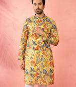 Vastramay mustard cotton linen long kurta - festive ethnic wear with hand embroidery for diwali navratri wedding