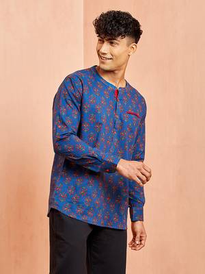 men royal blue cotton kurta - floral print summer casual wear traditional ethnic shirt 4
