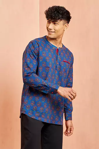 men royal blue cotton kurta - floral print summer casual wear traditional ethnic shirt