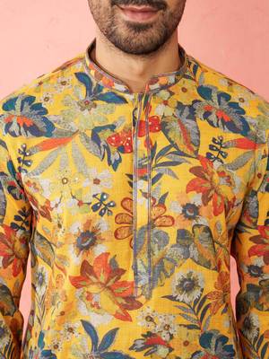 mustard cotton linen long kurta - festive ethnic wear with hand embroidery for diwali navratri wedding 2