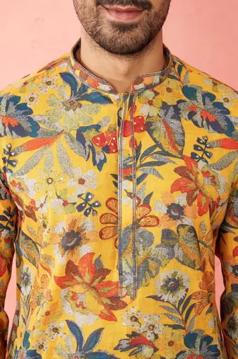 mustard cotton linen long kurta - festive ethnic wear with hand embroidery for diwali navratri wedding