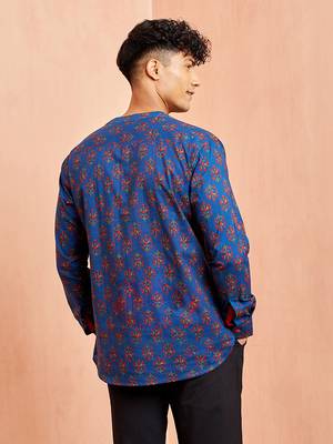 men royal blue cotton kurta - floral print summer casual wear traditional ethnic shirt 5