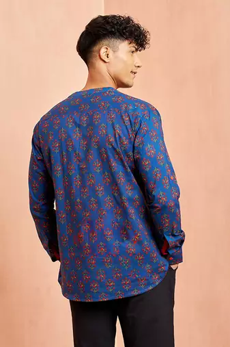men royal blue cotton kurta - floral print summer casual wear traditional ethnic shirt