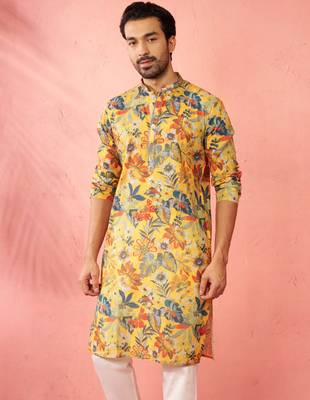 mustard cotton linen long kurta - festive ethnic wear with hand embroidery for diwali navratri wedding 3