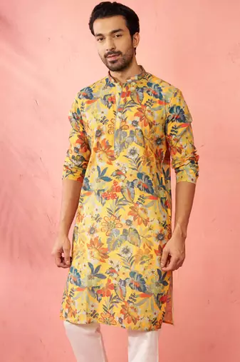 mustard cotton linen long kurta - festive ethnic wear with hand embroidery for diwali navratri wedding