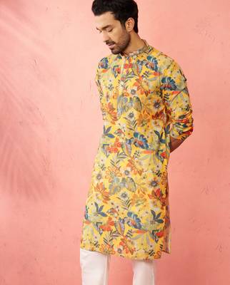 mustard cotton linen long kurta - festive ethnic wear with hand embroidery for diwali navratri wedding 4
