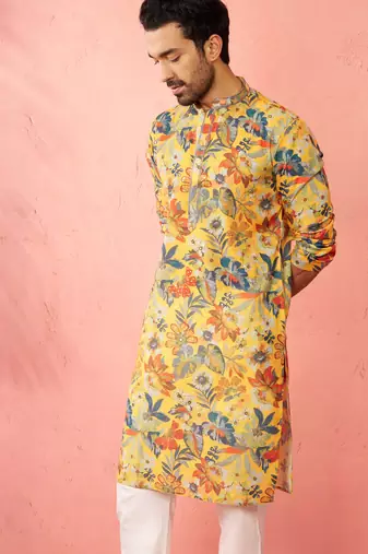 mustard cotton linen long kurta - festive ethnic wear with hand embroidery for diwali navratri wedding