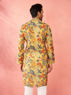 mustard cotton linen long kurta - festive ethnic wear with hand embroidery for diwali navratri wedding 5