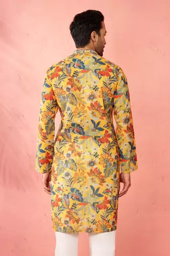 mustard cotton linen long kurta - festive ethnic wear with hand embroidery for diwali navratri wedding