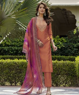 Orange color smart and festive readymade rayon fabic kurta set 1