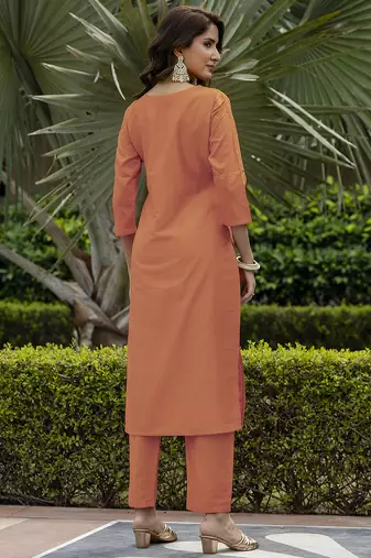 Orange color smart and festive readymade rayon fabic kurta set