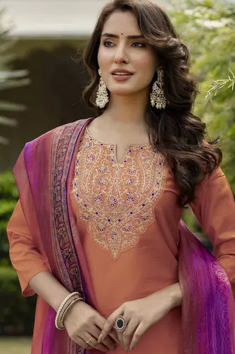 Orange color smart and festive readymade rayon fabic kurta set