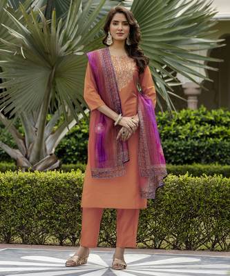 Orange color smart and festive readymade rayon fabic kurta set 4