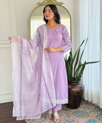 Lavender color smart and festive readymade rayon fabic kurta set 1