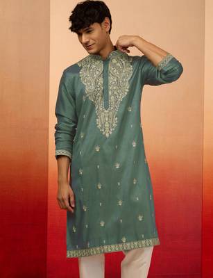 mint green resham embroidered silk kurta - premium festive 1