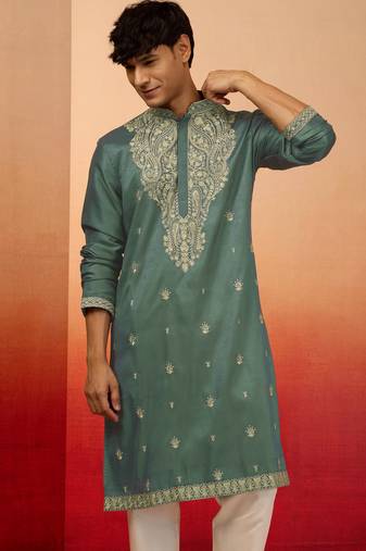 Vastramay men's mint green resham embroidered silk kurta - premium festive
