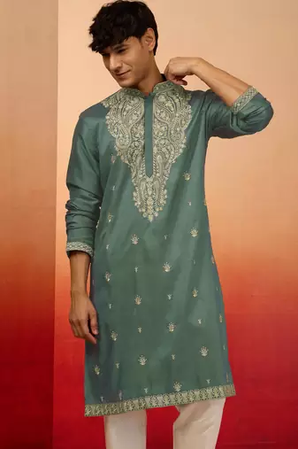 Vastramay men's mint green resham embroidered silk kurta - premium festive