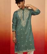 mint green resham embroidered silk kurta - premium festive