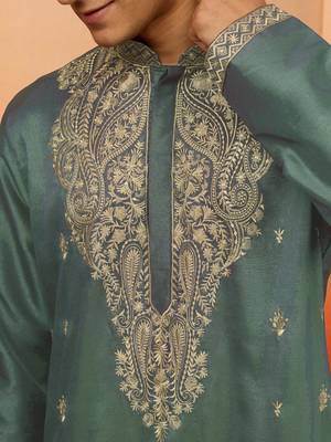 mint green resham embroidered silk kurta - premium festive 2
