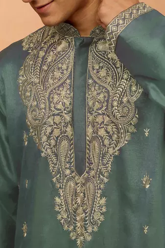 mint green resham embroidered silk kurta - premium festive